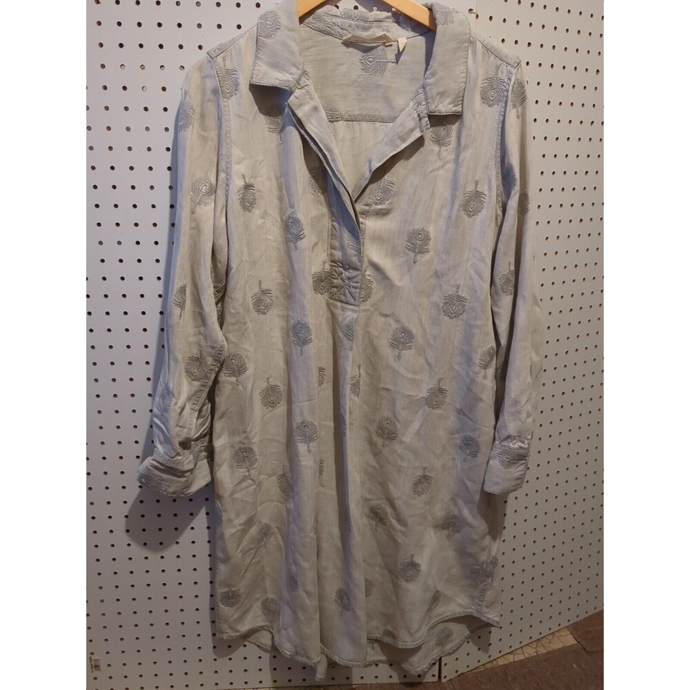 Soft Surroundings Large Shirt Dress Peacock Feather Embroidered Long Sleeve